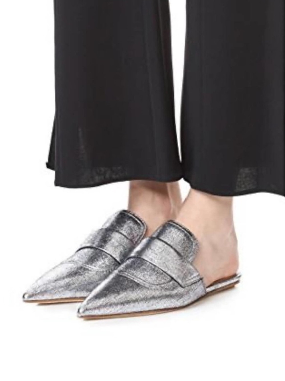 Marni sabot shoe pointed toe metallic silver leather slip on flats mules 38